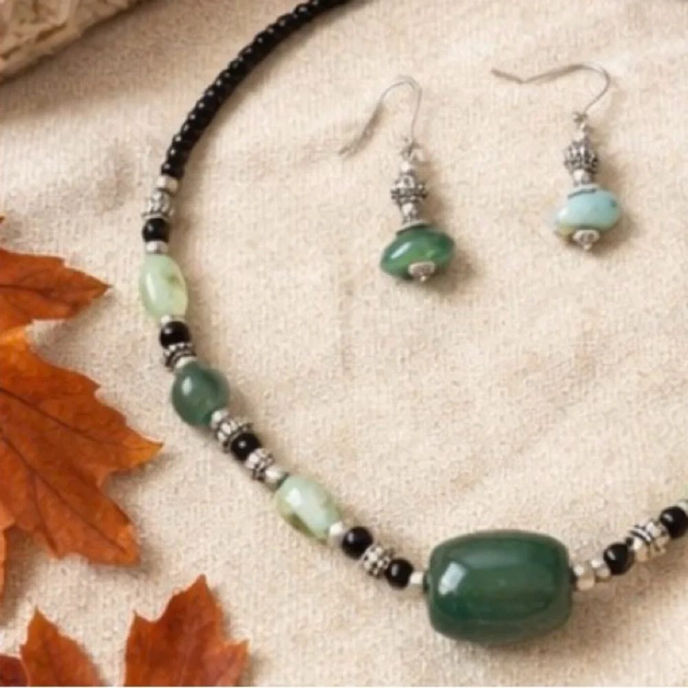 Natural Green Stone & Black Glass Bead Necklace Earrings Set